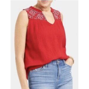 NWT Knox Rose Women's Red Sleeveless V-Neck Gauze Tank Top Size L BOHO Crinkled